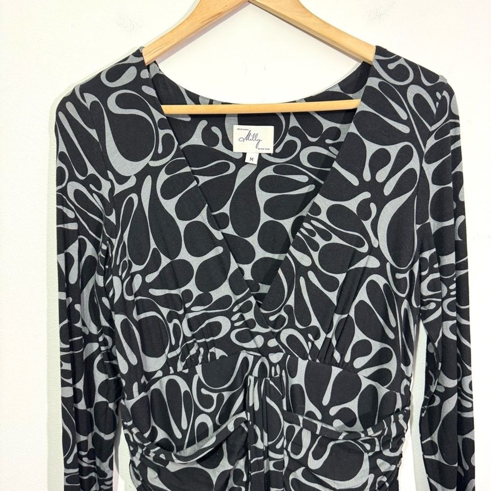 Vintage Milly V-Neck Wrap Dress Black Grey Abstract Print Long Sleeve Size M - Picture 8 of 14